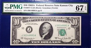 1963A $10 Federal Reserve Note Fr-2017-J Kansas City PMG67 Superb Gem EPQ - Picture 1 of 2