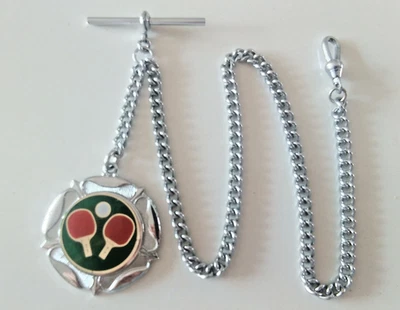Cadena de reloj de bolsillo vintage cromada extra larga con barra en T, clip para perro, llavero de ping pong Foto 1 de 4