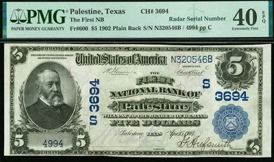 1902 $5 National Bank Palestine Texas CH# 3694 PMG 40EPQ Fancy Radar Serial 4994 - Image 1 of 3