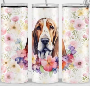 Basset Hound In Flowers 20oz dünner Becher individuelles Geschenk isoliert Edelstahl HUND - Bild 1 von 2