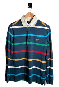PAUL & SHARK Rugby Shirt Mens Size L Blue Striped Long Sleeve Embroidered Logo - Picture 1 of 11