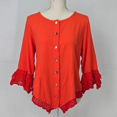 Blusa Top Dunas Relajada Moda Para Mujer M Coral Naranja Algodón Gasa Crochet Ribete Foto 1 de 4