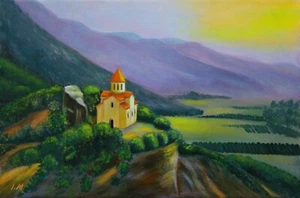 Old Church Original oil painting Sunset Mountain Landscape Country 16x24" - Picture 1 of 17