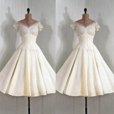 Short Wedding Dresses Vintage V Neck 1950s Tea Length Satin Retro Bridal Gown - Image 1 of 4