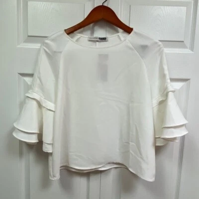 NWT Necessary Objects white blouse ruffle sleeves - Image 1 of 4