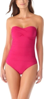 Nuevo sin etiquetas Anne Cole para mujer frente torcido fruncido una pieza rosa talla 14 $120 LLL444 Foto 1 de 2