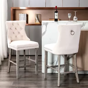 Set of 2 Velvet Upholstered Barstools 27" Counter Height Chairs Wood Legs Beige - Picture 1 of 9