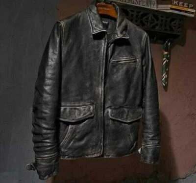 Herren Motorcycle Biker Vintage Cafe Racer Distressed Schwarz Echtleder Jacke - Bild 1 von 4