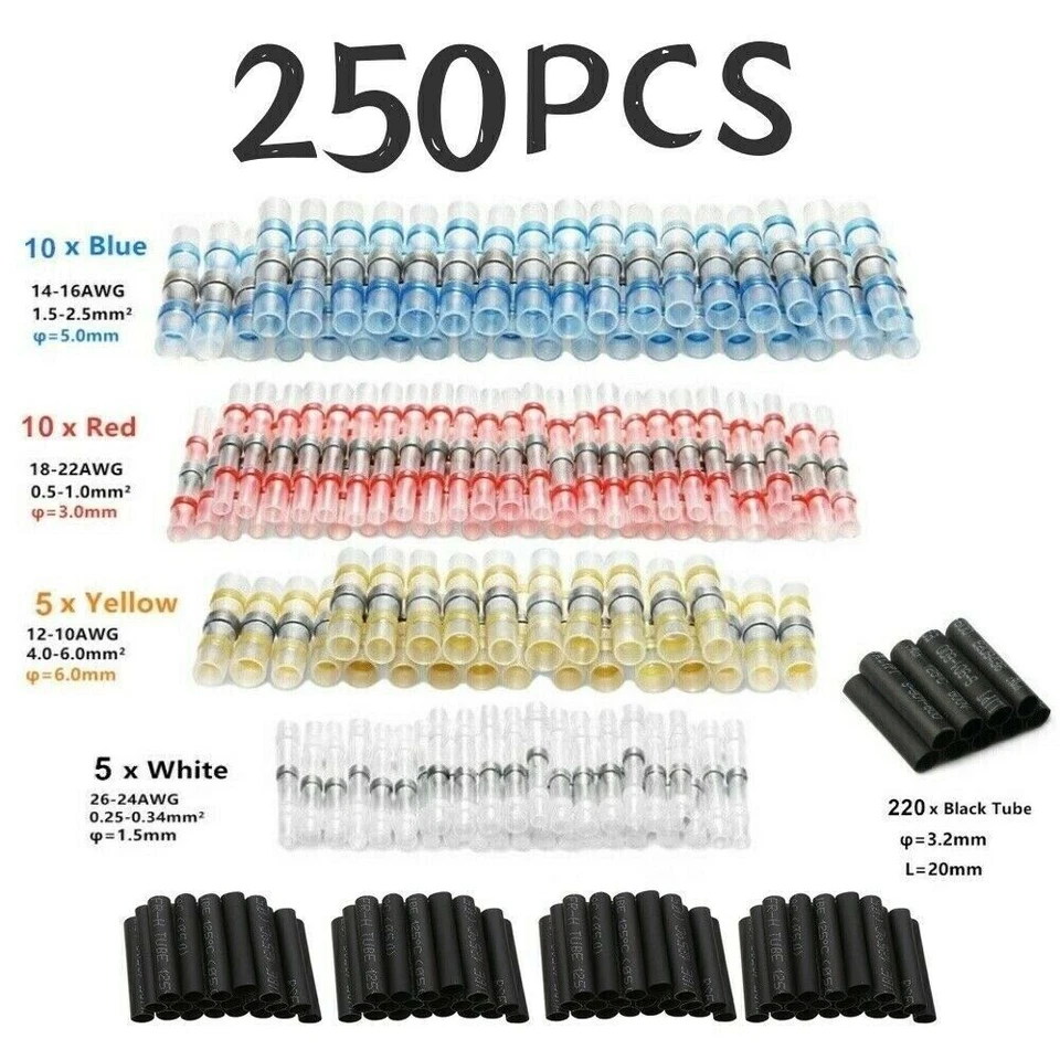 250PCS Waterproof Solder Seal Heat Shrink Tuber Butt Wire Terminal Connector Set - Image 1 of 4