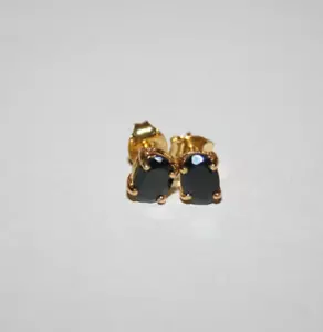 STERLING SILVER 925 Gold Vermeil BLACK SPINEL 7mm Oval Gemstone Stud EARRINGS - Picture 1 of 4