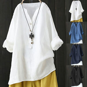 Women Cotton Linen Casual Tunic Tops Baggy Loose Long Shirt Blouse Plus Size