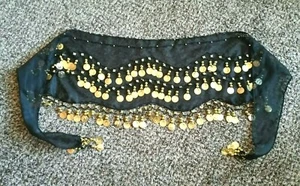 Faja envolvente bufanda negra estilo moneda dorada bailarina del vientre vintage - 58" de largo - Imagen 1 de 5
