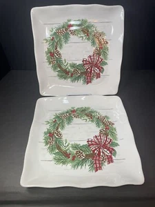 Maxcera 11” Square 2 Christmas Dinner Plate Platter Winter Wreath Red Plaid Bow - Picture 1 of 10