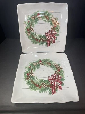 Maxcera 11 дюймов квадратная 2 рождественская обеденная тарелка блюдо зимний венок красный клетчатый бант - Изображение 1 из 4