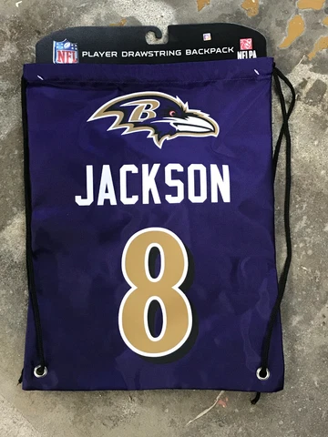 Lamar Jackson # 8 Baltimore Ravens Player Drawstring Backpack Bag NFL Purple Cover
