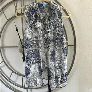 ANTONIO MELANI Blue and White Sleeveless Sheer Blouse - 100% Silk Size L - Picture 1 of 7