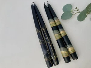 VTG 4 Black Taper Candles 10" Marbled Drip Glaze Pottery Look Artsy 2 Pair Decor - Picture 1 of 7