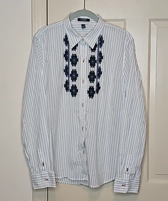 Camisa CHAPS Mujer Rayas Azul Blanco Abotonada Western Bordada Frontal Talla XL Foto 1 de 4