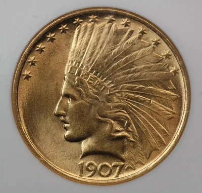 Золотая голова индейца 1907 $10 NGC MS65 - Изображение 1 из 4
