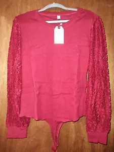 Berryou Bodysuit Women Crew Neck Lace Long Ballon Sleeve Ribbed 2XL Burgundy - Picture 1 of 5
