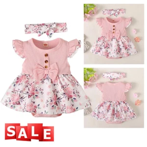 Neugeborenes Baby Mädchen Blumenmuster gerippt Rüschen Strampler Overall Stirnband Outfit Kleid Set - Bild 1 von 10
