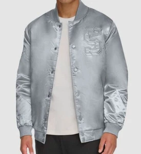 Starter Men's Silver Classic-Fit Tonal Satin Varsity Bomber Jacket Sz L - Picture 1 of 2
