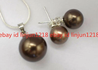 Beautiful 14/10mm Sea South Shell Pearl Pendants Necklace  Earring Set 18'' - Image 1 of 4