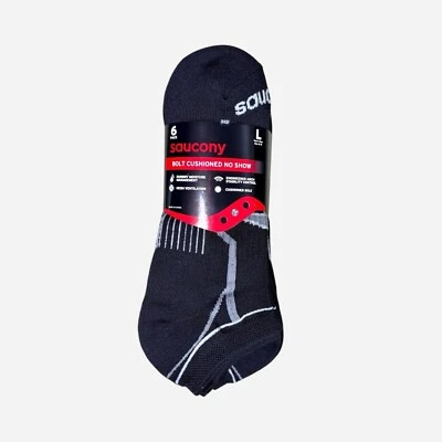 Calcetines negros Saucony Bolt acolchados No Show para hombre talla grande/talla de zapato 8-12 paquete de 6 Foto 1 de 4