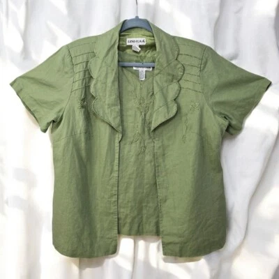 Conjunto Regata Lino USA 100% Linho Bordado Floral Verde Recortado Feminino Grande - Imagem 1 de 4