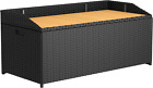 65 Gallon Rattan Wicker Deck Box Large Outdoor Storage With Wood Bench Surfac...