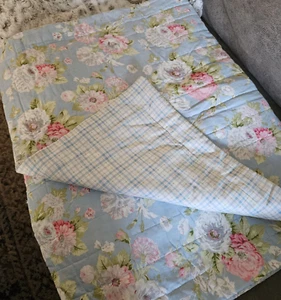 Laura Ashley Cottage Roses Pink Foral Blue Quilted Sham Set Pillow Case King - Picture 1 of 5