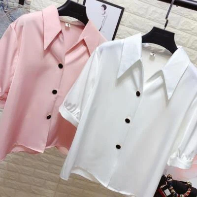 Lady Silky Satin Shirt Blouse Half Sleeve Solid Button T-shirt Summer Office Top - Image 1 of 4