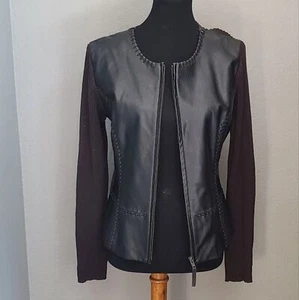 Vintage George Full Zip Brown Faux Leather Shell Knit Sleeves Jacket Medium - Picture 1 of 11