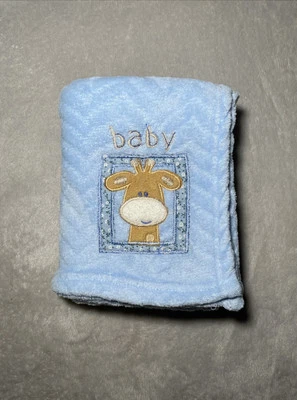 Blue Baby Blanket Giraffe Picture Frame Zig Zag Embossed Chevron Fleece Lovey - Image 1 of 3