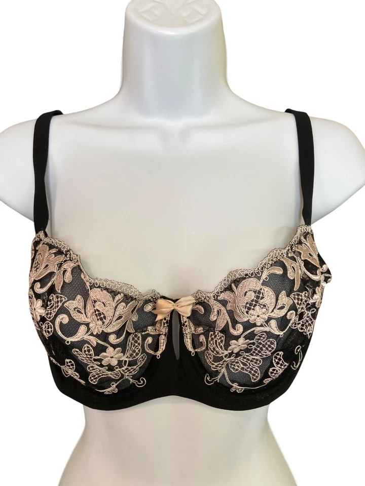 Sujetador con aros de encaje bordado Felina 38C floral negro lazo desnudo lencería elegante Foto 1 de 4