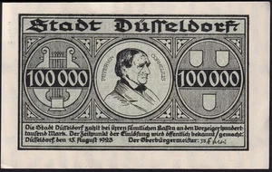 Germany Duesseldorf 100000 Mark 1923 Old Emergency Paper Money Banknote aUNC - Picture 1 of 2