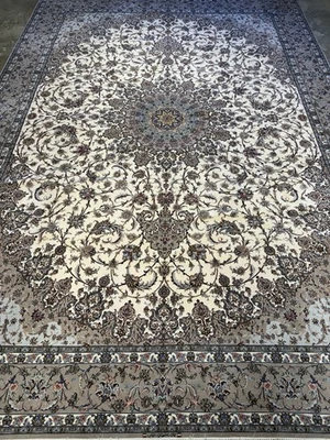 Alfombra Isfahane de lana y seda anudada a mano tamaño palacio - 11’7”x16’6” 11x16 Foto 1 de 4