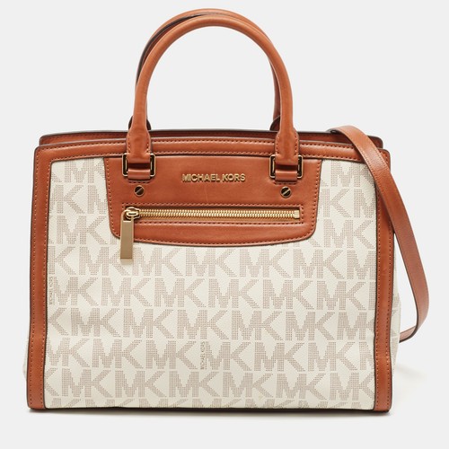 Borsa Michael Kors marrone bianco firmata rivestita in tela e pelle Selma Zip