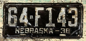 Old 38 NE. Hot Rod Vintage 1938 Nebraska Automobile license Plate 64-F143 - Picture 1 of 1