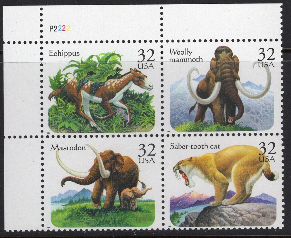 US #3077-3080 32¢ Prehistoric Mammoth Mastodon UL Plate Block 1996 MNH - Image 1 of 1