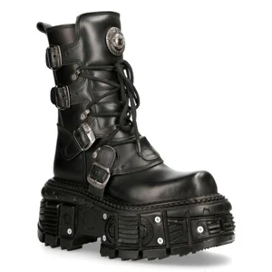 NEW ROCK BOOTS TANK373-S1 Black Leather Unisex Combat Platform Biker Goth Shoes - Picture 1 of 8