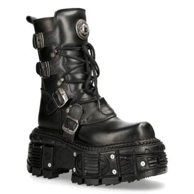 NEW ROCK BOOTS TANK373-S1 Black Leather Unisex Combat Platform Biker Goth Shoes - Image 1 of 4