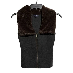 Gap Sweater Vest Womens Small Full Zipper Wool Brown Blend Faux Fur Collar - Picture 1 of 8