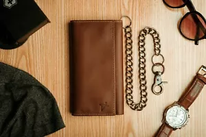 RFID Trifold Leather Wallet Biker Wallet for Men with Chain Snap Rustic - Picture 1 of 9