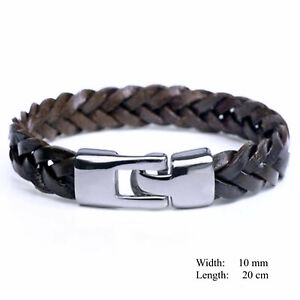 Men's Brown Bracelet Braided Leather Stainless Steel Wrist Band Cuff Bangle 