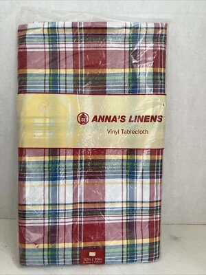 Anna’s Linens Vinyl Tablecloth  90” Long 52” Wide Red Yellow Green Blue Plaid - Image 1 of 4