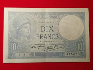 Billet 10 Fr Minerve du 4-12-1941 Fay 7/17 Alph. J.77495 SUP / XF !! - Imagen 1 de 2