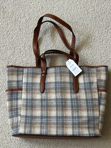 New Women's Time and Tru Plaid Wool Like Double Handle Large Tote Bag Brown Blue - Picture 1 of 4