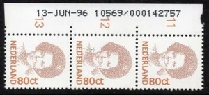 PAÍSES BAJOS MNH 1991 SG1595 Beatrix 80c fecha tira de 3, 13-junio-96 - Imagen 1 de 1
