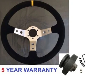 RACING DRIFT DISHED SUEDE STEERING WHEEL AND BOSS KIT HUB FIT BMW E36 SILVER - Picture 1 of 4